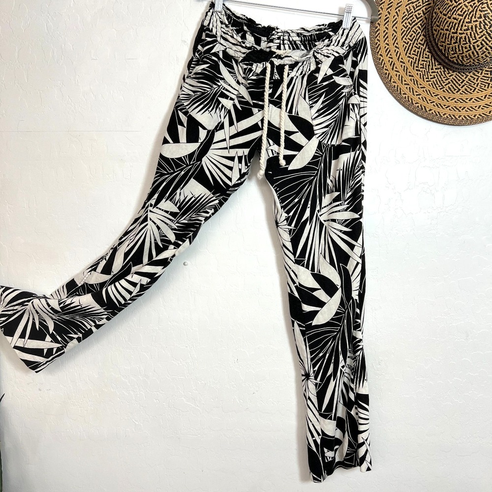 Roxy Linen Blend Tropical Palm Leaf Lounge Pants sz M Black White Y2K low rise